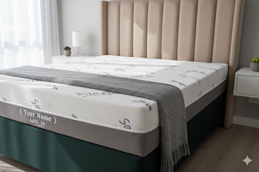 etSoftlife Manufacturing Mattress with a gray blank on a bed in a bedroom setting 