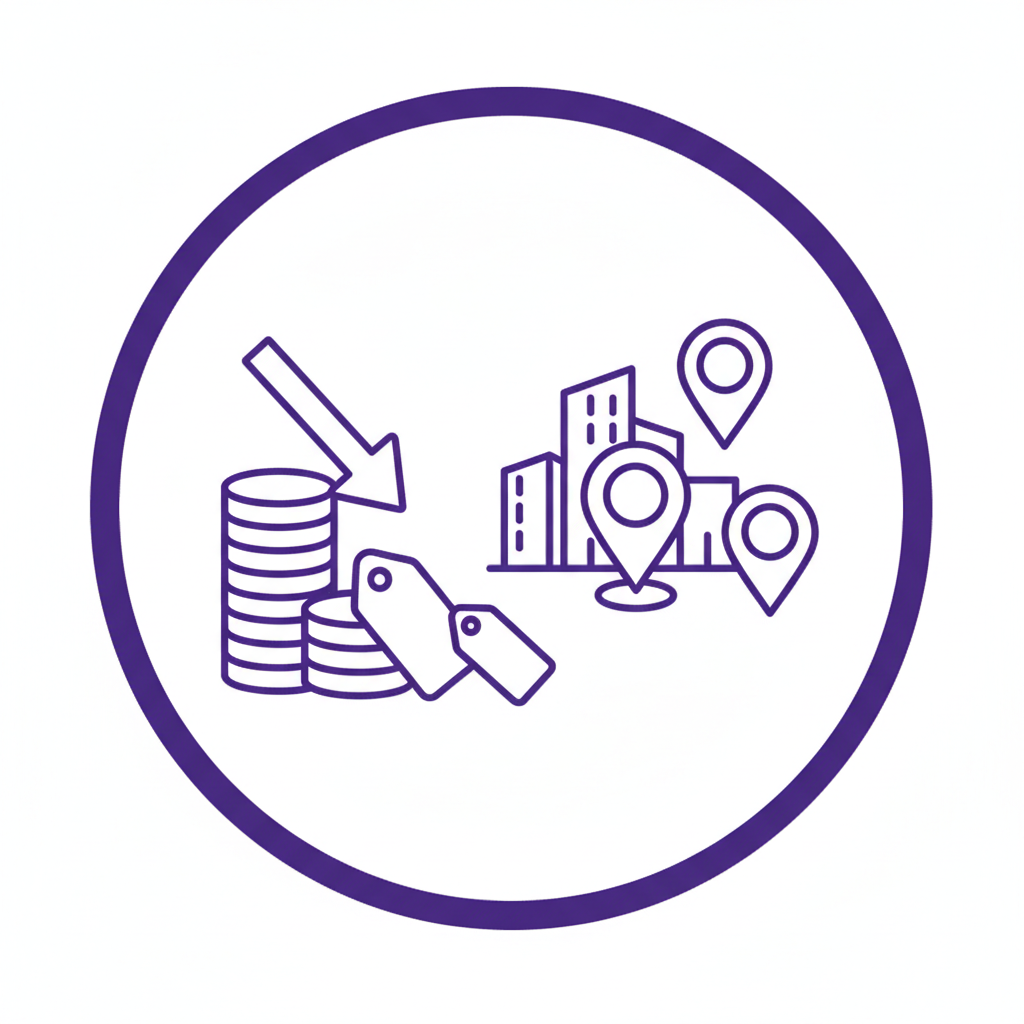 purple and white icon Bulk & Contract Pricing. Volume discounts for single-site and multi-site operators.