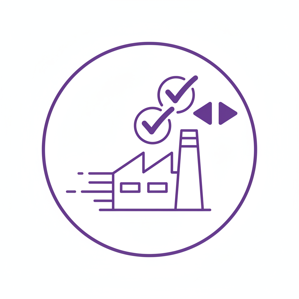 white and purple Icon for Local Manufacturing Faster lead times and consistent quality control.